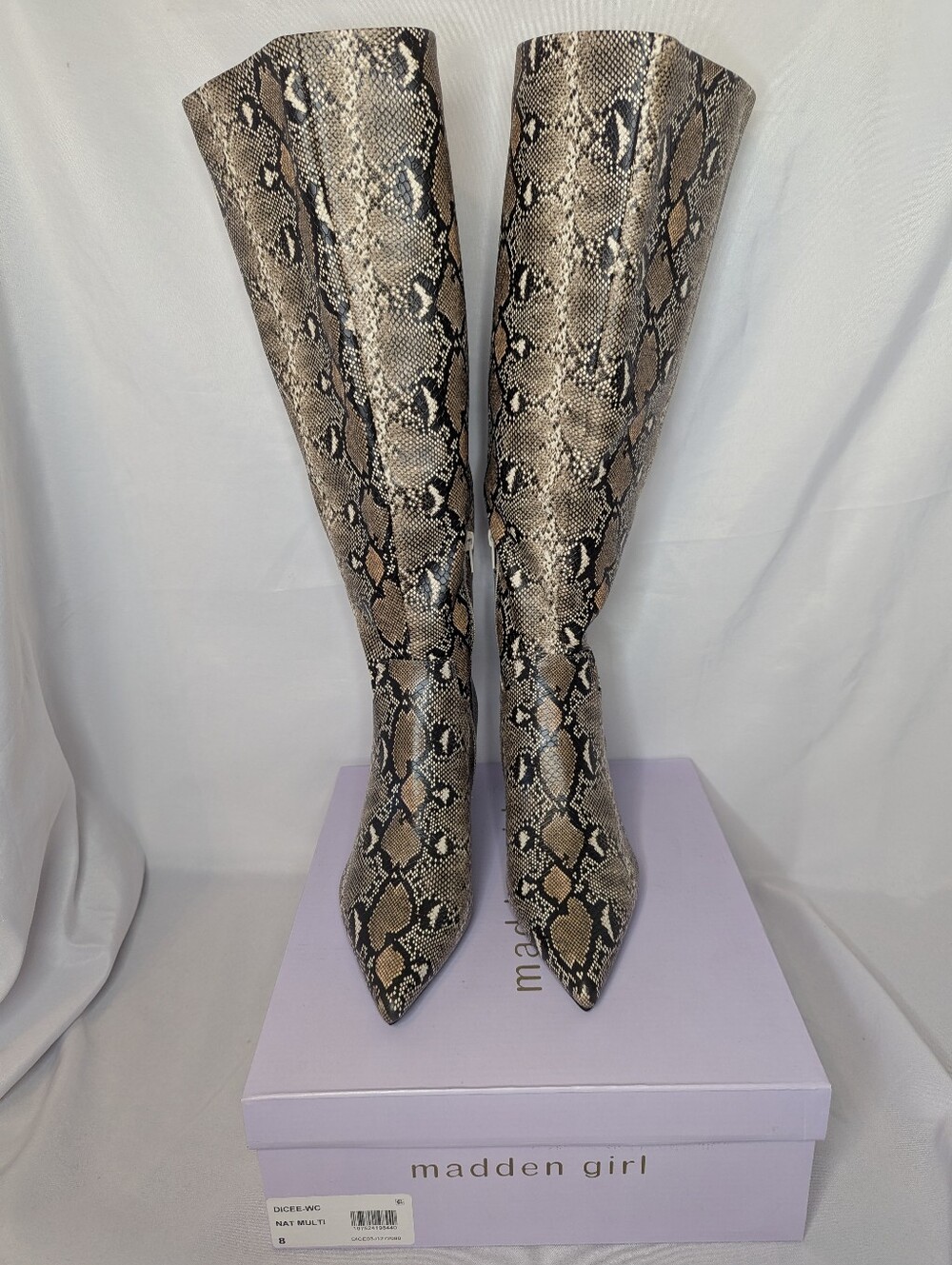 NIB Madden Girl Dicee Knee High Snake Print Boots Women's Size 8 WIDE CALF